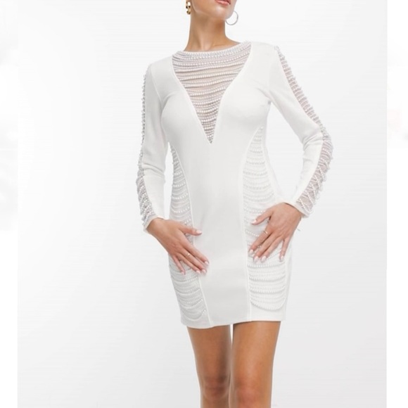NWT Starlet Bead Embellished Sheer Mesh Panels Long Sleeve Mini Dress White 2 - Picture 10 of 14